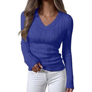 Womens Royal Blue Pull On Cable Knit Long Sleeve V Neck Fitted Casual Sweater